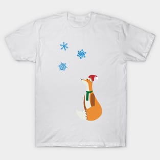 Christmas Fox watching falling Snowflakes T-Shirt